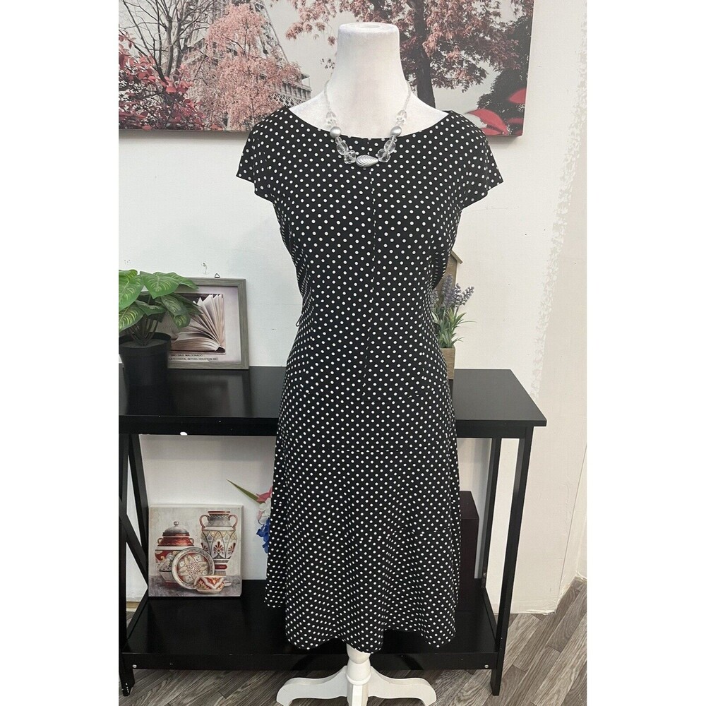 Anne Klein Women Sheath Dress Size 8 Polka Dot Short Sleeve Zipper Back